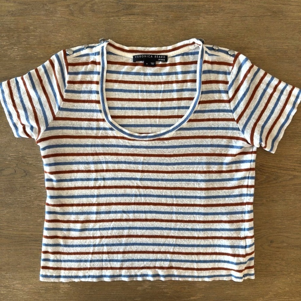 Veronica Beard Benji Striped 100% Linen Short Sleeve T-Shirt-Rust & Blue-Sz M - Picture 3 of 13